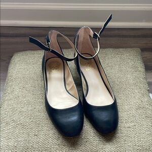 Vince Camuto Black Leather Ankle Strap Flats